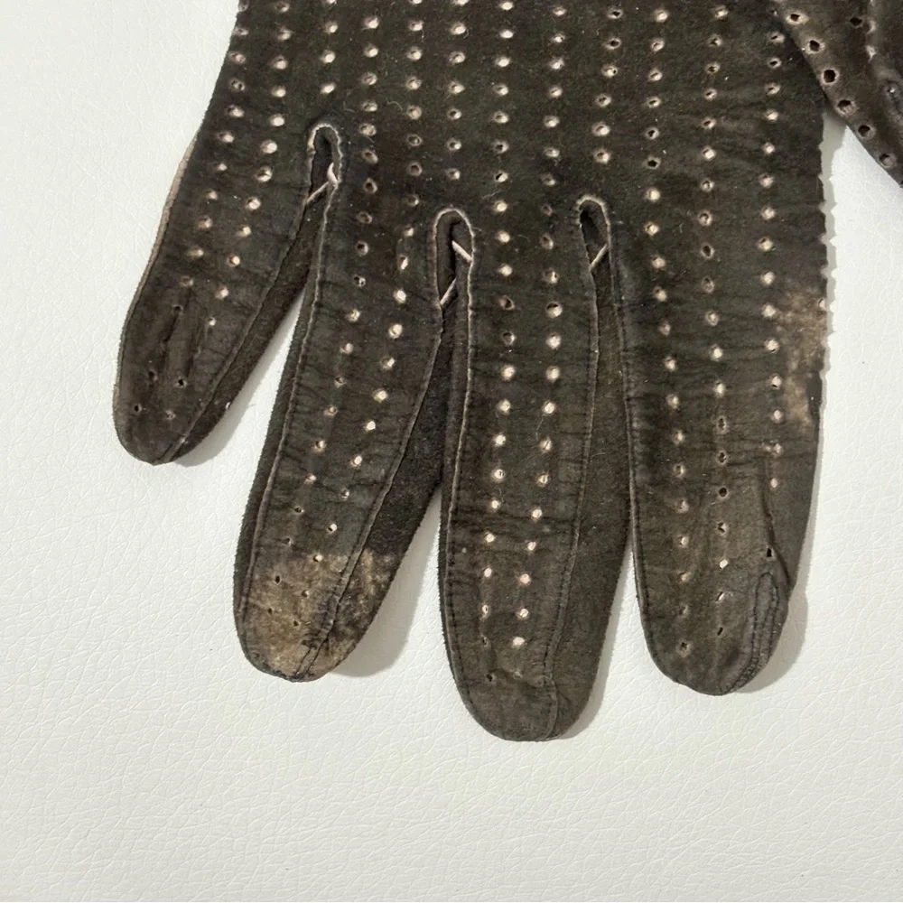 Vintage perforated brown leather gloves long size 6.5